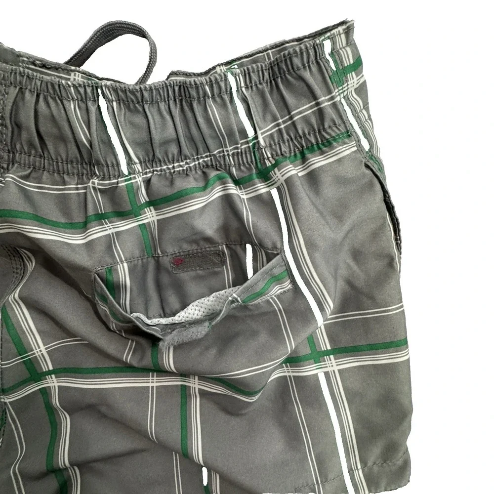 OP Ocean Pacific Board Shorts Men M 32/34 Grey/Green Windowpane Cargo Swim‎ READ